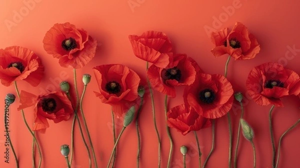 Fototapeta Top view of vibrant red poppies arranged on a clean, soft coral table, their petals creating a bold contrast against the subtle background.