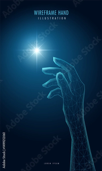 Fototapeta Futuristic wireframe hand, with a mesh glowing light. AI, technology, or connection concept.