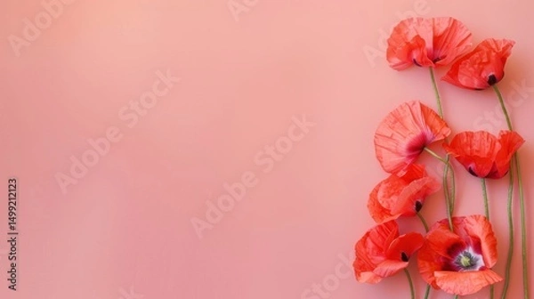 Fototapeta Top view of vibrant red poppies arranged on a clean, soft coral table, their petals creating a bold contrast against the subtle background.