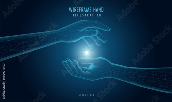Fototapeta Futuristic wireframe hand, with a mesh glowing light. AI, technology, or connection concept.