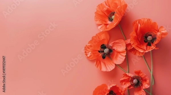 Fototapeta Top view of vibrant red poppies arranged on a clean, soft coral table, their petals creating a bold contrast against the subtle background.