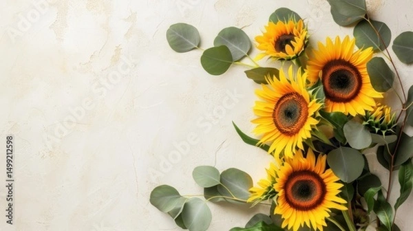 Fototapeta Top view of vibrant Sunflowers and green Eucalyptus leaves on a soft cream background, combining boldness with freshness.