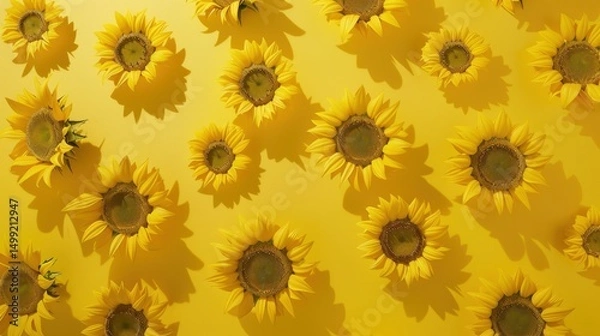 Fototapeta Top view of vibrant sunflowers arranged neatly on a clean, soft yellow table, radiating warmth and natural beauty.