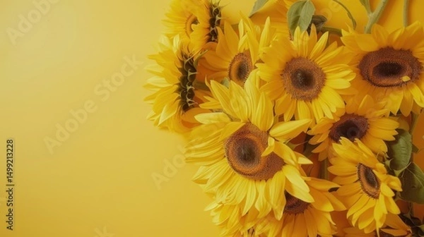 Fototapeta Top view of vibrant sunflowers arranged neatly on a clean, soft yellow table, radiating warmth and natural beauty.