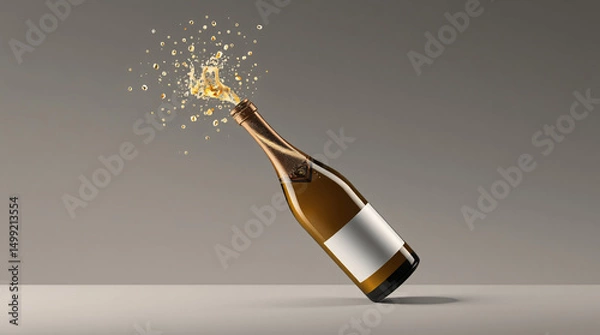 Fototapeta Golden beer bottle with a splash of liquid and sparkling lights.