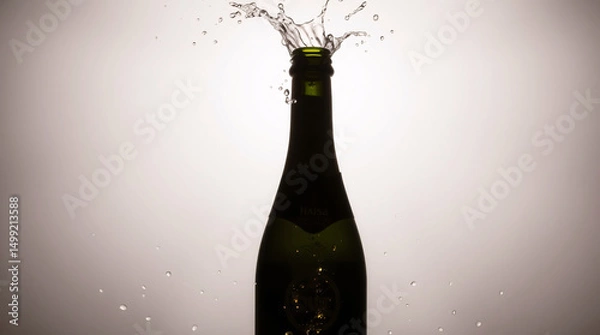 Fototapeta Champagne bottle with a splash of liquid and bubbles in the air.