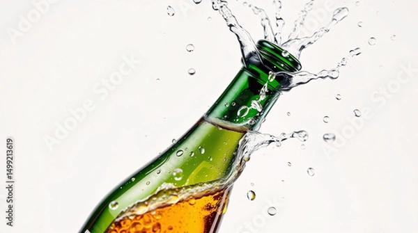 Fototapeta Cold beer pours from green bottle, splashing, refreshing and inviting.
