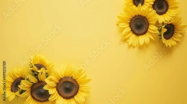 Fototapeta Top view of vibrant yellow sunflowers arranged on a soft lemon yellow table, with ample copy space around for text or designs.