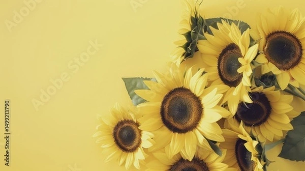 Fototapeta Top view of vibrant yellow sunflowers arranged on a soft lemon yellow table, with ample copy space around for text or designs.