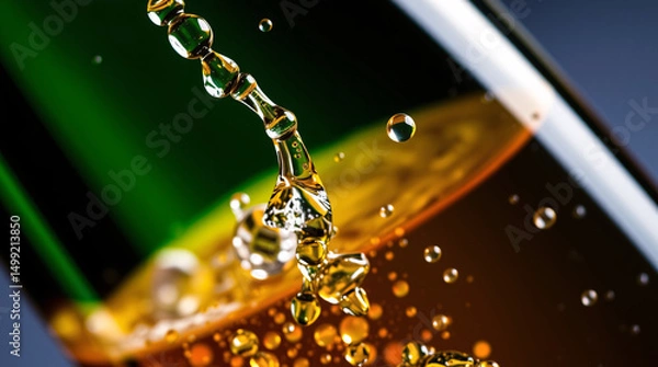 Fototapeta Close-up of whiskey being poured into a glass with bubbles and splashes.
