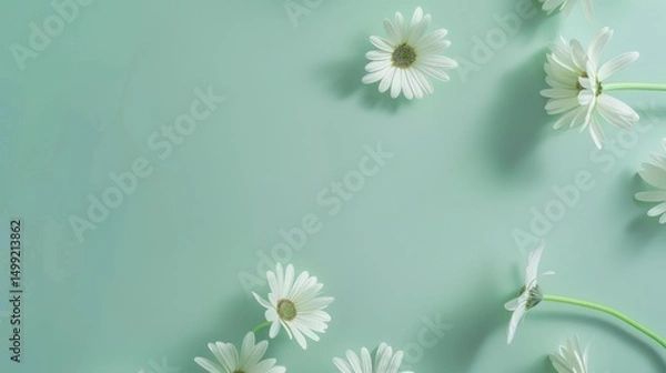 Fototapeta Top view of white daisies scattered gracefully on a clean, soft mint green table, providing plenty of space for additional elements.