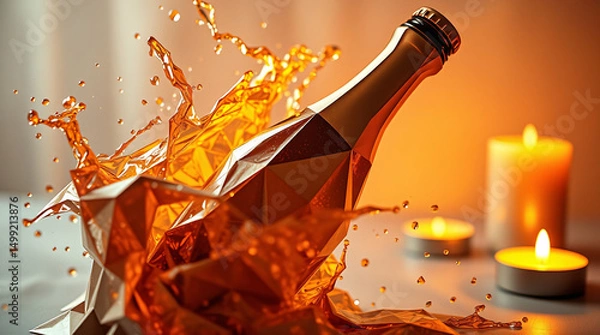 Fototapeta Champagne bottle with dynamic splash, golden liquid, festive and luxurious.