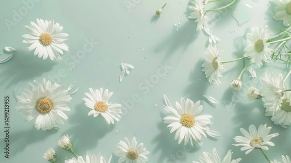 Fototapeta Top view of white daisies scattered gracefully on a soft mint green table, evoking a sense of purity and freshness.