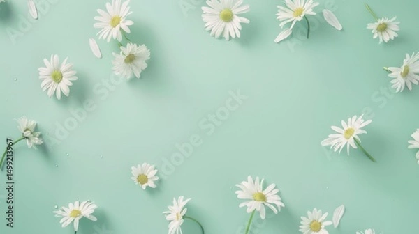 Fototapeta Top view of white daisies scattered gracefully on a clean, soft mint green table, providing plenty of space for additional elements.