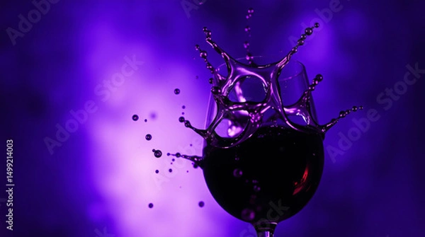 Fototapeta Close-up of a glass of red wine with a dynamic splash and purple lighting.
