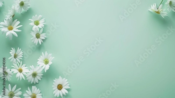 Fototapeta Top view of white daisies scattered gracefully on a clean, soft mint green table, providing plenty of space for additional elements.