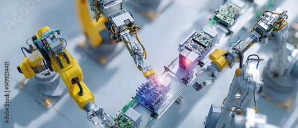 Fototapeta Flat lay image showcasing robotic arms and control panels in a smart technology setting.