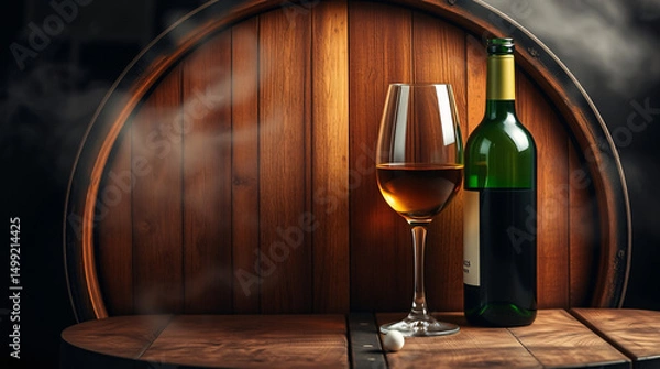 Fototapeta Two wine glasses, bottle, and barrel, rustic and elegant, festive and inviting.