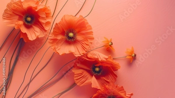 Fototapeta Vibrant orange poppies arranged neatly on a soft coral table, complemented by intricate, artistic lines.
