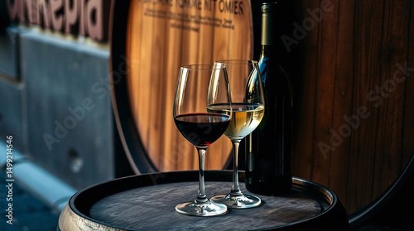 Fototapeta Two wine glasses, bottle, and barrel, rustic and elegant, festive and inviting.