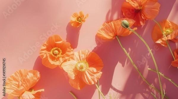 Fototapeta Vibrant orange poppies arranged neatly on a soft coral table, complemented by intricate, artistic lines.