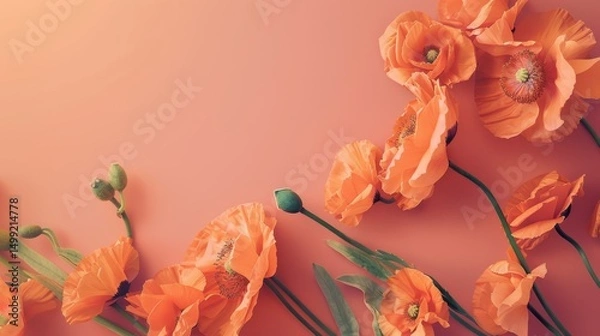 Fototapeta Vibrant orange poppies neatly arranged on a soft coral table, with plenty of room for celebratory wishes or text.