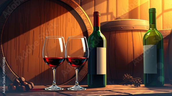 Fototapeta Two wine glasses, bottle, and barrel, rustic and elegant, festive and inviting.