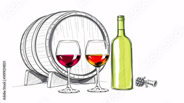 Fototapeta Two wine glasses, two bottles, and a barrel in a playful illustration.