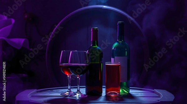 Fototapeta Two wine glasses and two bottles on a table with purple and blue lighting.