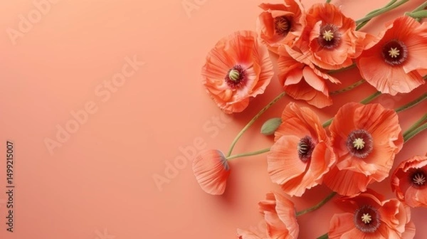 Fototapeta Vibrant orange poppies neatly arranged on a soft coral table, with plenty of room for celebratory wishes or text.