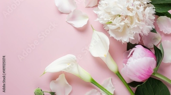 Fototapeta White Calla Lilies and pink Peonies on a clean, soft blush pink table, creating a timeless and sophisticated composition.