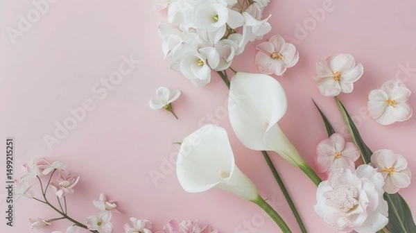 Fototapeta White Calla Lilies and pink Peonies on a clean, soft blush pink table, creating a timeless and sophisticated composition.
