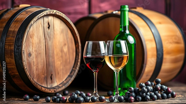 Fototapeta Wine setup with grapes, barrel, bottle, and glasses of red wine.