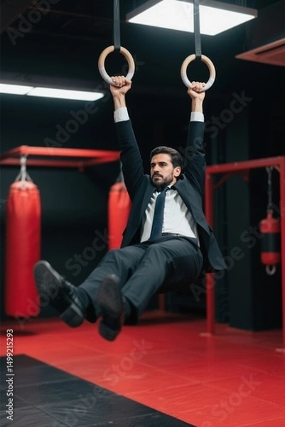 Obraz arafed man in a suit and tie hanging on rings in a gym