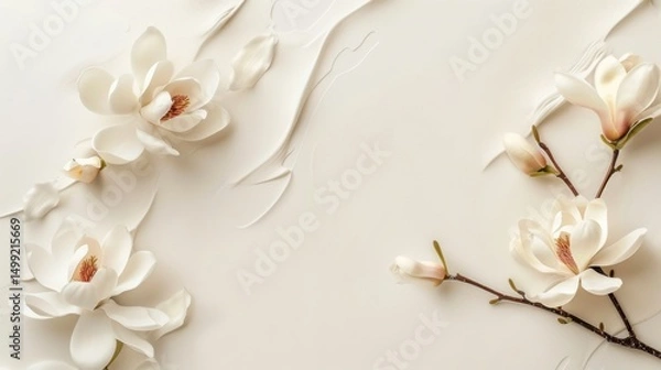 Fototapeta White magnolias placed delicately on a clean, soft cream table, perfect for adding personalized messages or greetings.