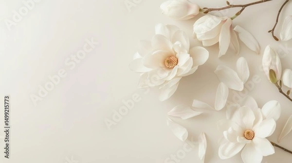 Fototapeta White magnolias placed gracefully on a clean, soft cream table featuring delicate, understated lines.