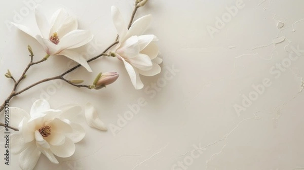Fototapeta White magnolias placed gracefully on a clean, soft cream table featuring delicate, understated lines.
