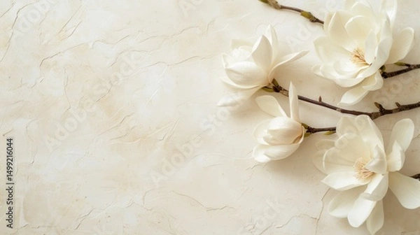 Fototapeta White magnolias placed gracefully on a clean, soft cream table featuring delicate, understated lines.