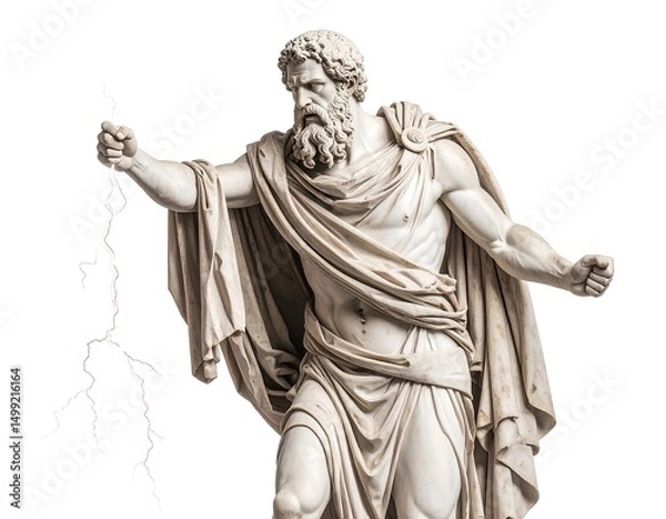 Fototapeta Classic marble statue of a bearded man with draped cloth holding something with his right hand against a white background