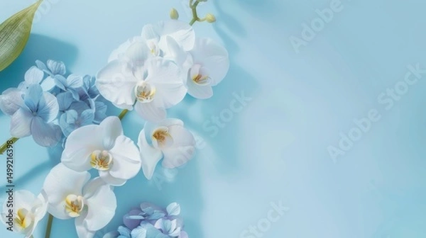 Fototapeta White Orchids and blue Hydrangeas on a clean sky blue background, highlighting elegance and serenity from above.