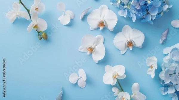 Fototapeta White Orchids and blue Hydrangeas on a clean sky blue background, highlighting elegance and serenity from above.