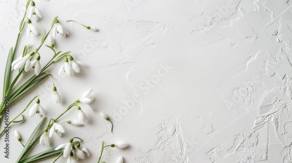 Fototapeta White Snowdrops arranged on a clean, soft winter white table, evoking a sense of purity and renewal, ideal for messages of hope.