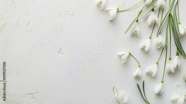 Fototapeta White Snowdrops arranged on a clean, soft winter white table, evoking a sense of purity and renewal, ideal for messages of hope.