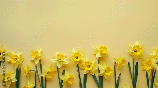 Fototapeta Yellow daffodils arranged in a cheerful display on a clean, soft buttercup yellow table, symbolizing springtime and renewal.