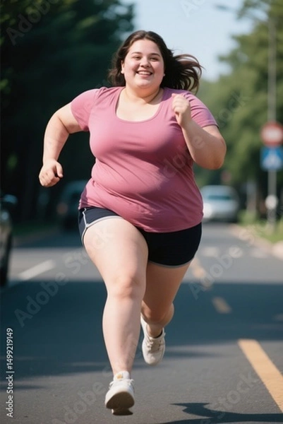Obraz there is a woman running down the street in a pink shirt
