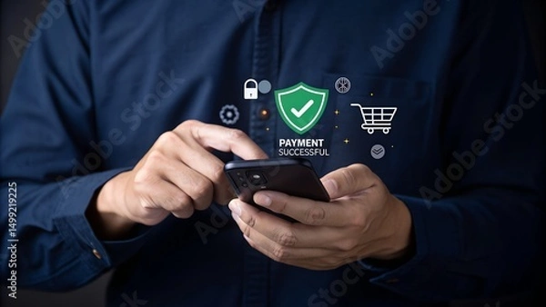 Fototapeta Successful payment confirmation in online digital banking. A person holds smartphone displaying Payment Successful message, with icons representing online transactions, financial technology, fintech