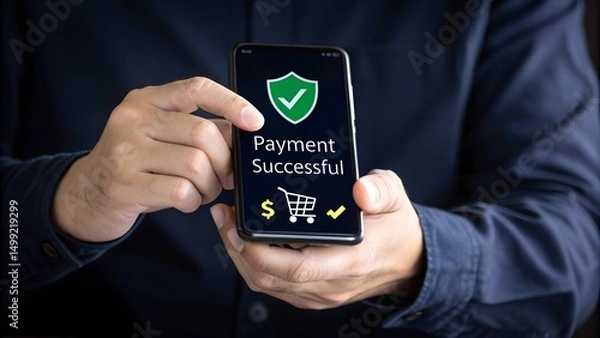 Fototapeta Successful payment confirmation in online digital banking. A person holds smartphone displaying Payment Successful message, with icons representing online transactions, financial technology, fintech
