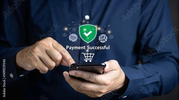 Fototapeta Successful payment confirmation in online digital banking. A person holds smartphone displaying Payment Successful message, with icons representing online transactions, financial technology, fintech
