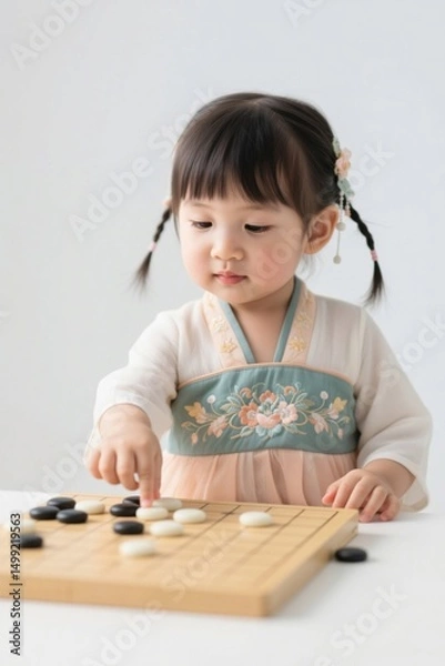 Obraz there is a little girl playing a game of go on a table