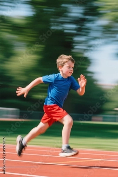 Obraz boy running on a track with a blurry background